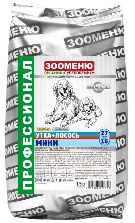 Зооменю Мини  сухой корм для собак Утка/Лосось 27/16, 1.5кг